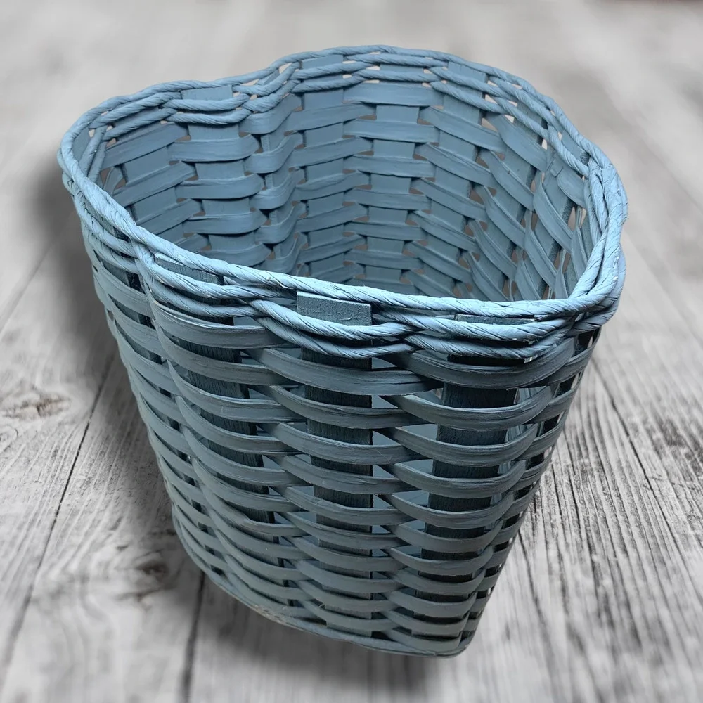 Vintage Heart Shaped Wicker Waste Basket Trash Bin Dusty Blue Cottage Farmhouse